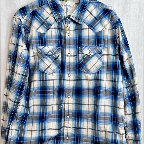 Aeropostale - Men’s SHIRT Sz L SNAP CLOSE Plaid - BLUE - Picture 13 of 13